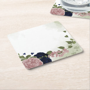 Posavasos Cuadrado De Papel flor rosa y azul marino