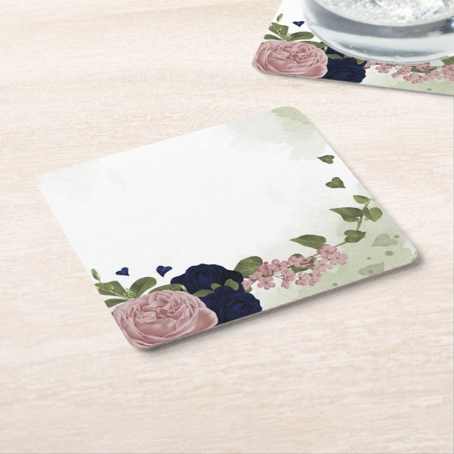 Posavasos Cuadrado De Papel flor rosa y azul marino (En perspectiva)