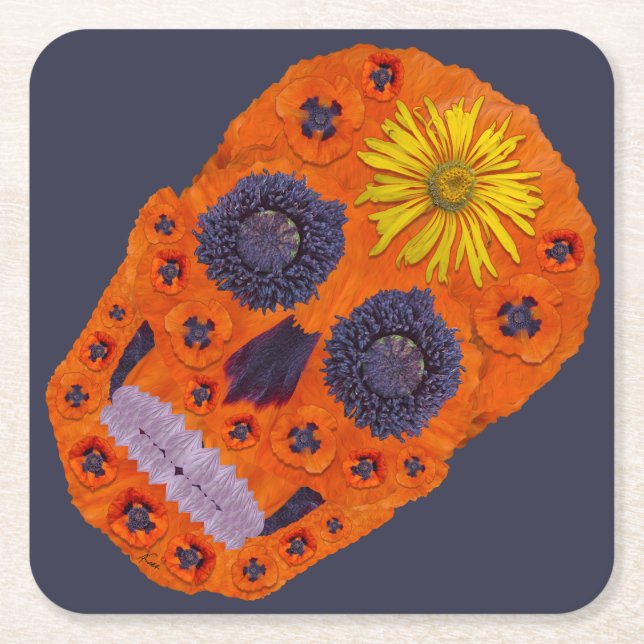 Posavasos Cuadrado De Papel Flor Skull 1 (Anverso)