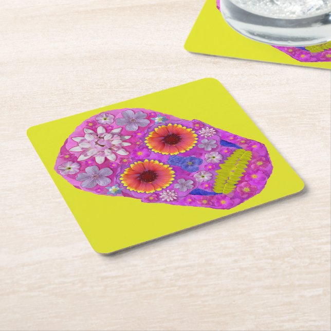 Posavasos Cuadrado De Papel Flor Skull 2 (En perspectiva)