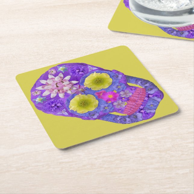 Posavasos Cuadrado De Papel Flor Skull 5 (En perspectiva)