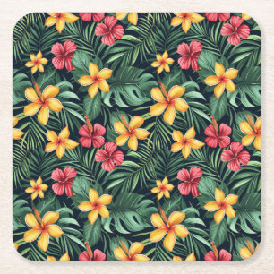 Posavasos Cuadrado De Papel Flor Tropical Hibiscus Seamless Pattern