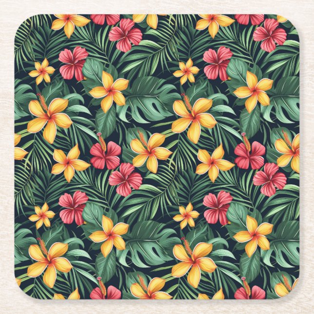 Posavasos Cuadrado De Papel Flor Tropical Hibiscus Seamless Pattern (Anverso)