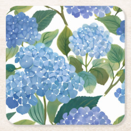 Posavasos Cuadrado De Papel Flora acuarela de hidráneas azules
