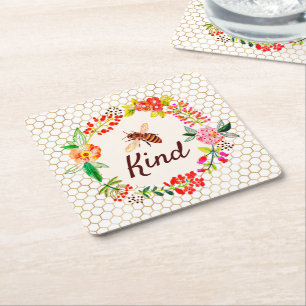 Posavasos Cuadrado De Papel Floral amable abeja  