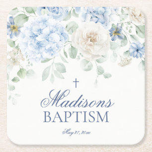 Posavasos Cuadrado De Papel Floral azul Hidrangea Blooms Botánicos Baptismo
