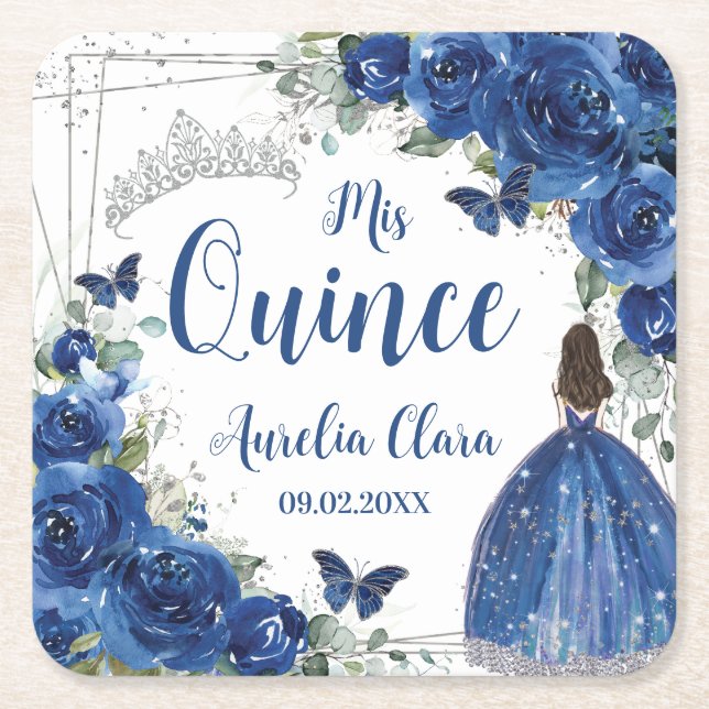 Posavasos Cuadrado De Papel Floral azul real Princesa Plata Quinceañera (Anverso)