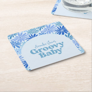 Posavasos Cuadrado De Papel Floral azul y retro Verde azulado Groovy Baby Show