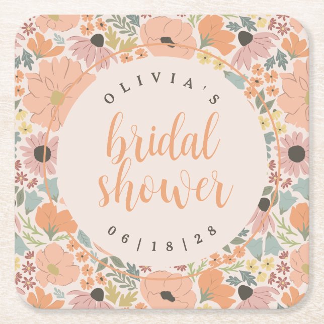 Posavasos Cuadrado De Papel Floral Bridal Shower (Anverso)