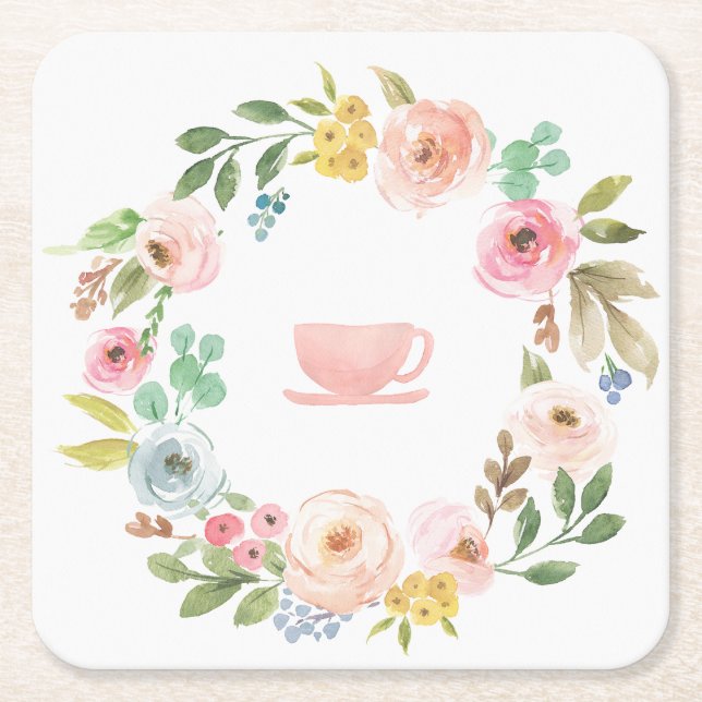 Posavasos Cuadrado De Papel Floral Bridal Shower Tea Fiesta (Anverso)