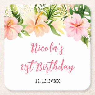 Posavasos Cuadrado De Papel Floral Cumpleaños Selva Tropical