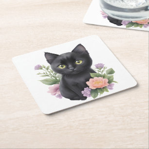 Posavasos Cuadrado De Papel Floral cúrcuma de gato negro