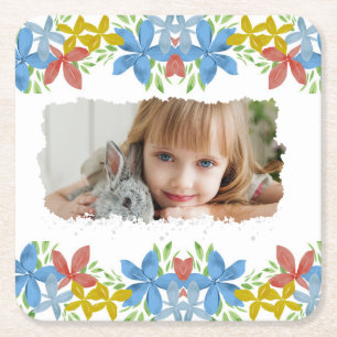 Posavasos Cuadrado De Papel Floral de acuarela fotográfica personalizada