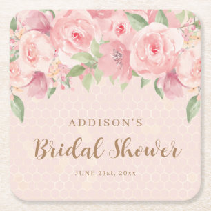 Posavasos Cuadrado De Papel Floral de agua Rubor rosa ducha de novia dorada