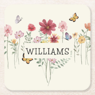 Posavasos Cuadrado De Papel Floral de apellido personalizado