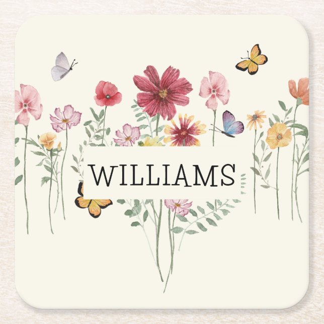 Posavasos Cuadrado De Papel Floral de apellido personalizado (Anverso)