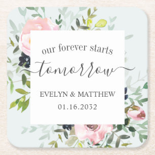 Posavasos Cuadrado De Papel Floral de color azul para siempre empieza mañana