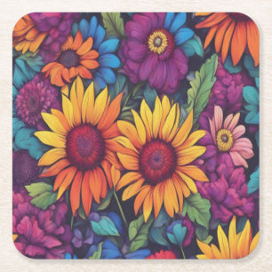 Posavasos Cuadrado De Papel Floral de girasol #212 - Astracciones