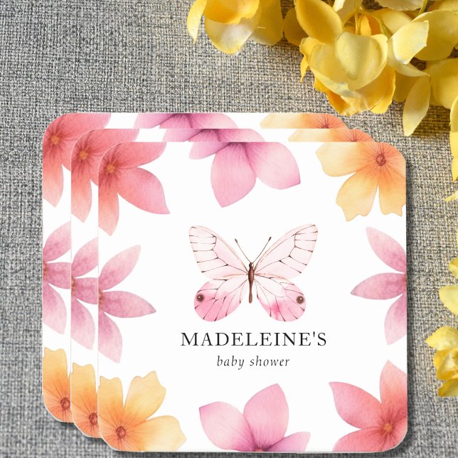 Posavasos Cuadrado De Papel Floral de mariposa Baby Shower personalizada (Subido por el creador)