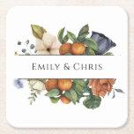 Posavasos Cuadrado De Papel Floral dorada | Elegante vegetación eucalipto<br><div class="desc">Bonito, elegante, moderno y bohemio personalizado y estufa de papel cuadrado de boda para su ocasión especial! El diseño coincide con el resto de la colección de follaje de hoja Naranja. Naranja acuarela con hojas de color verde oscuro y claro borde lateral de hoja de follaje encuadra la parte superior...</div>
