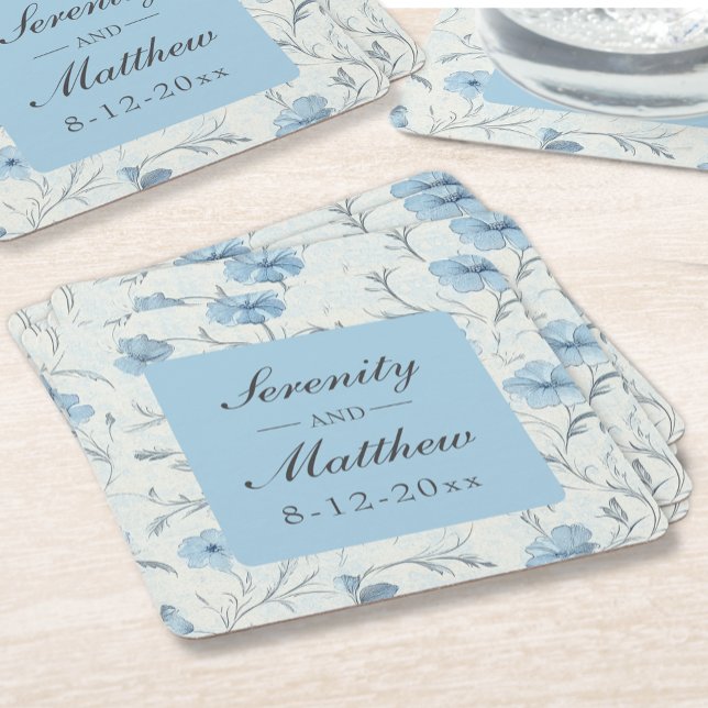Posavasos Cuadrado De Papel Floral Dusty Blue Country Garden Rústico Boda (Subido por el creador)