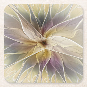 Posavasos Cuadrado De Papel Floral Fantasía Oro berenjena Resumen Arte Fractal