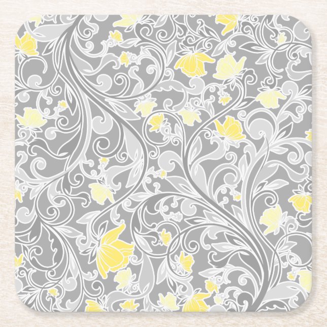 Posavasos Cuadrado De Papel Floral moderna de color amarillo y gris batido (Anverso)