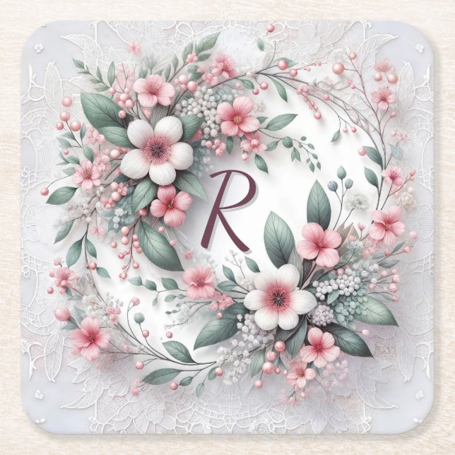 Posavasos Cuadrado De Papel Floral monogramada en encaje (Anverso)