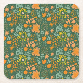 Posavasos Cuadrado De Papel Floral pattern on a dark green background 