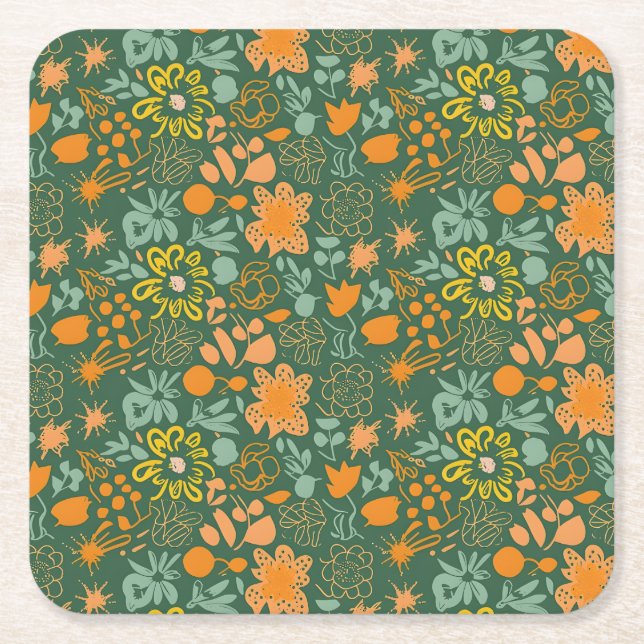 Posavasos Cuadrado De Papel Floral pattern on a dark green background  (Anverso)