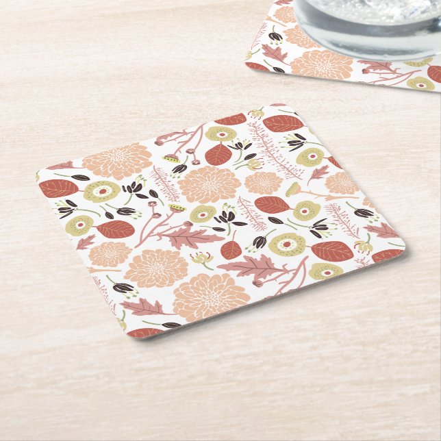 Posavasos Cuadrado De Papel Floral Peach Green Whimsical (En perspectiva)