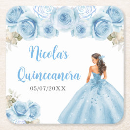 Posavasos Cuadrado De Papel Floral Princess in Blue Dress Quinceanera