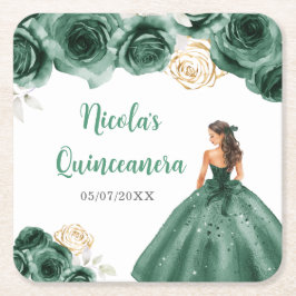 Posavasos Cuadrado De Papel Floral Princess in Dark Green Dress Quinceanera