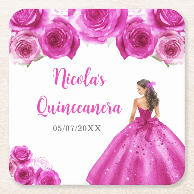 Posavasos Cuadrado De Papel Floral Princess in Hot Pink Dress Quinceanera (Anverso)