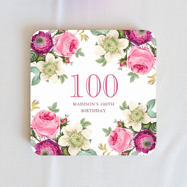 Posavasos Cuadrado De Papel Floral rosa 100 cumpleaños (Subido por el creador)