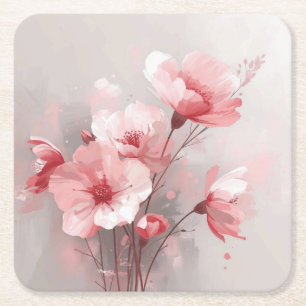 Posavasos Cuadrado De Papel Floral Rosa, Blanco y Gris