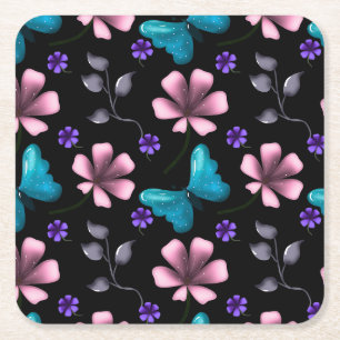 Posavasos Cuadrado De Papel Floral Rosa Caprichosa y Mariposa Azul Sin Costura