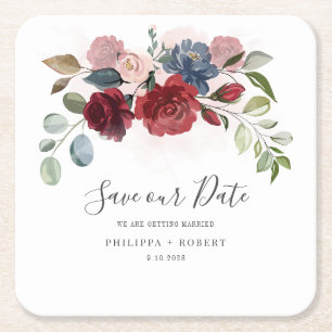 Posavasos Cuadrado De Papel Floral Script Burgundy Boda Save the Date