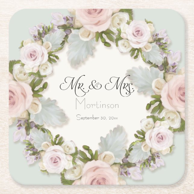 Posavasos Cuadrado De Papel Floral Succulent Rosa Foliage Sr. y Sra. Boda (Anverso)