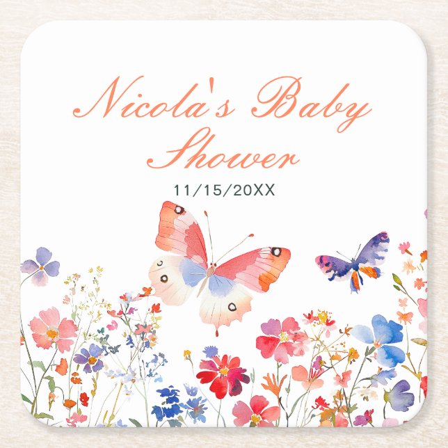 Posavasos Cuadrado De Papel Floral Summer Butterfly Baby Shower (Anverso)