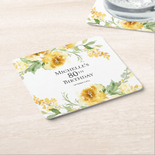 Posavasos Cuadrado De Papel Floral Verde Acuarela Amarillo Cumpleaños 80