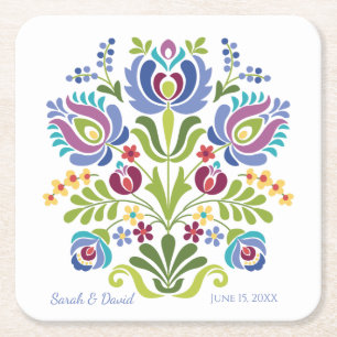 Posavasos Cuadrado De Papel Floral violeta de diseño húngaro