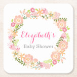 Posavasos Cuadrado De Papel Floral Wreath Baby Shower Coasters<br><div class="desc">Personalice estas galletitas de bonito con el nombre de la futura madre. Presenta una colorida corona floral gráfica.</div>