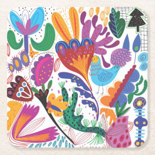 Posavasos Cuadrado De Papel Floral y plantas de colores dibujados a mano