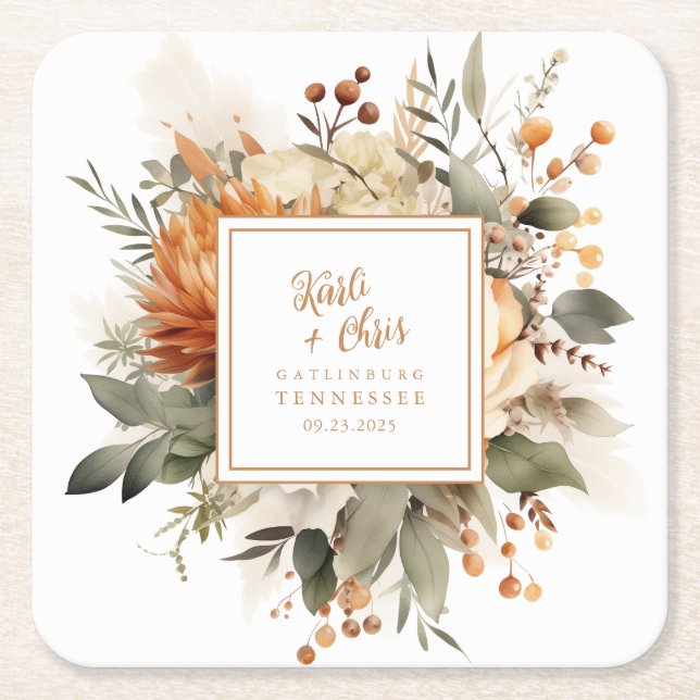 Posavasos Cuadrado De Papel Floral y vegetación de Naranja quemado y exuberant (Anverso)