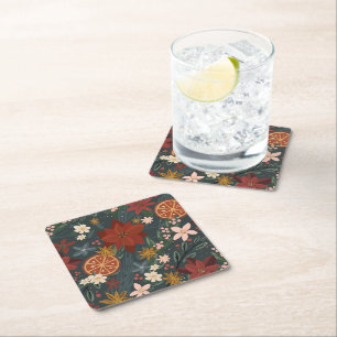 Posavasos Cuadrado De Papel Florales de invierno ventilado a mano verde oscuro