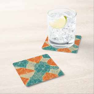 Posavasos Cuadrado De Papel Flores abstractas de azul verdoso, naranja y beige
