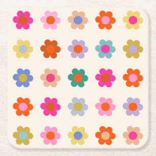 Posavasos Cuadrado De Papel Flores abstractas retro coloridas de perritos flor