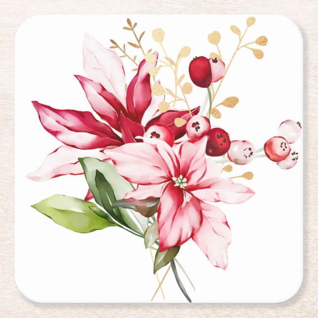 Posavasos Cuadrado De Papel Flores acuáticas de poinsettia roja feriado de inv (Anverso)