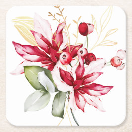 Posavasos Cuadrado De Papel Flores acuáticas de poinsettia roja feriado de inv
